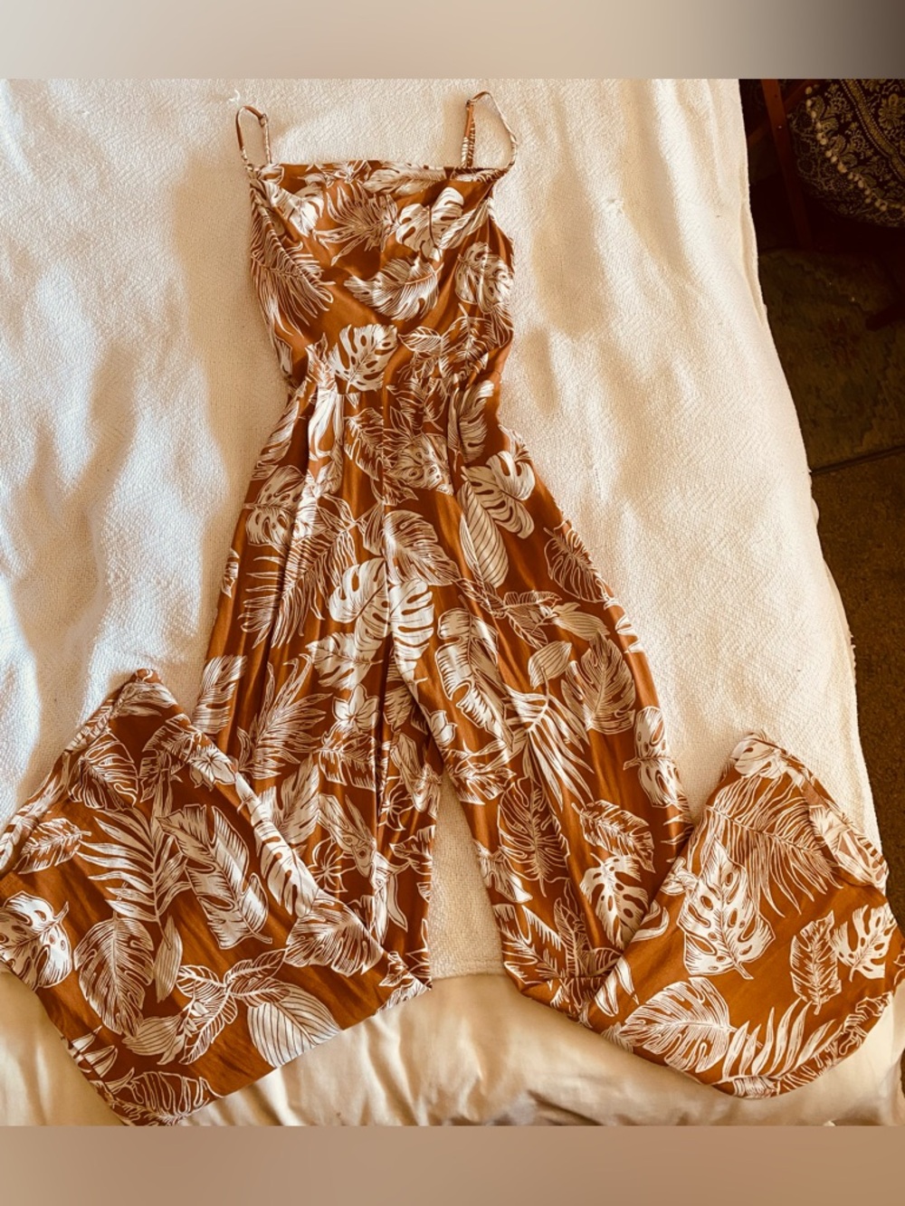 Moon River Terracotta Leaf Wide-Leg Jumpsuit with Pockets - Picture 9 of 9
